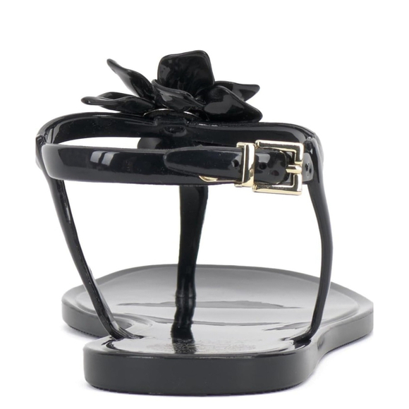 New Vince Camuto Black Gold Jelly Flower Adjustable Thong Flip Flop Sandal 10 M - Picture 6 of 13